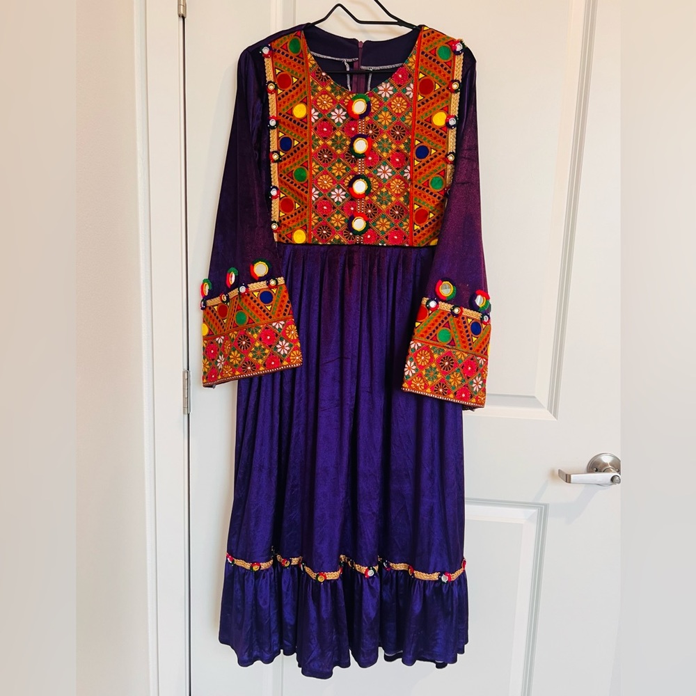 Afghan dress in dark purple color with velvet fabric and free size